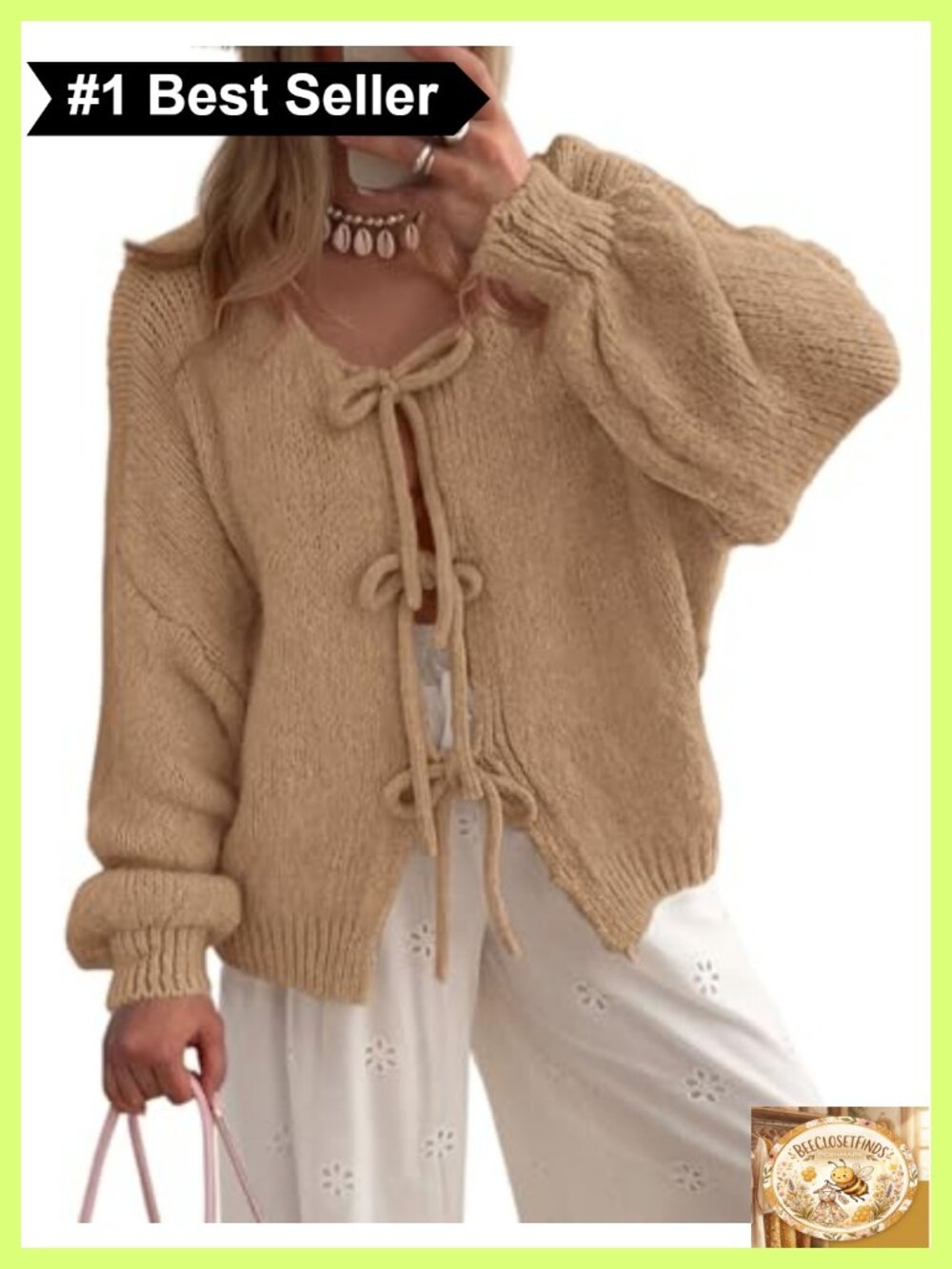 Tie Front Bow Cardigan Sweater Puff Sleeve Cable Knit Fall Layer